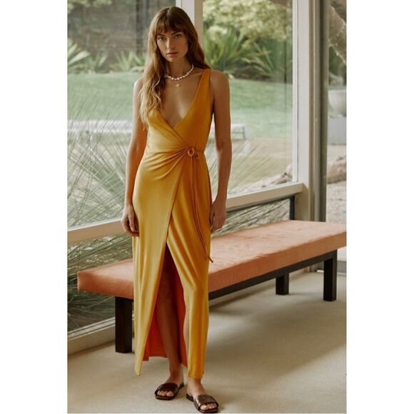 NEW By Anthropologie Soft Gold V-Neck Swim Beach Wrap Cover-Up Maxi Dress Medium - Picture 2 of 4